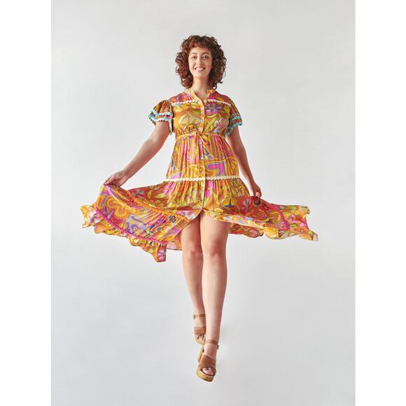 Celia B Lobelia Dress Multicolor Floral Print Midi XS Pom Pom Trim Boho Festival - Picture 1 of 13